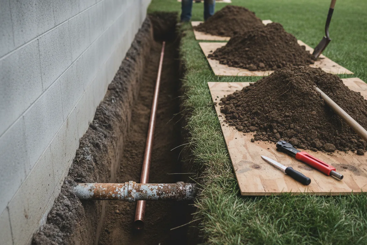 Excavated water line trench during Sewer Line Repair in Gabbs